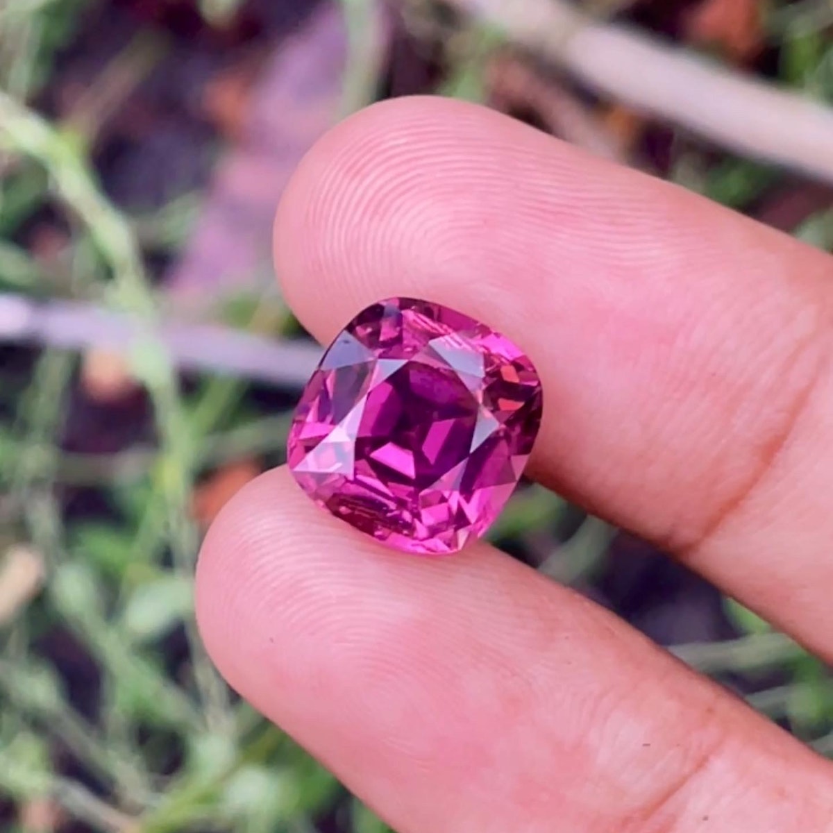Sur un fond vert et brindilles floues, les doigts tiennent une Tourmaline Rose scintillante de Bonnot Paris. Cette pierre rose taille coussin de 6,21 carats présente des facettes complexes qui captent la lumière, soulignant sa couleur vive et sa clarté.