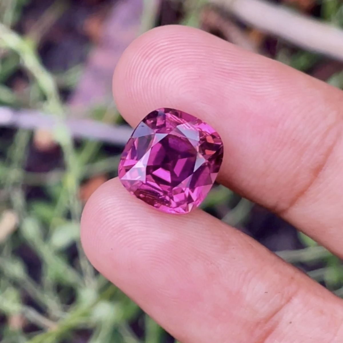 Un gros plan montre une main tenant la vibrante Tourmaline Rose, une pierre précieuse rose de 6,21 carats de Bonnot Paris, entre deux doigts sur fond de feuillage vert flou.