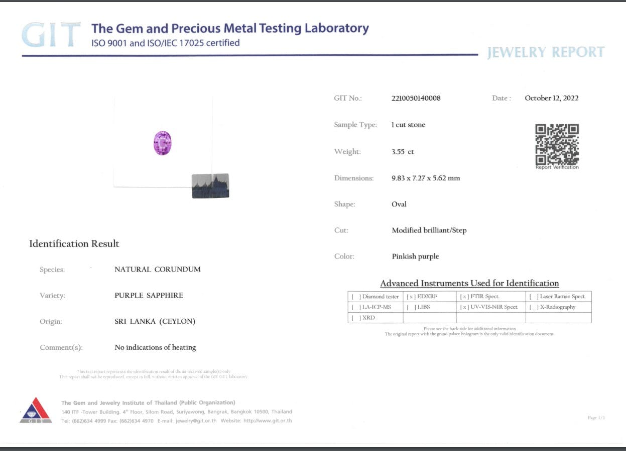 Le rapport du GIT confirme que le Bonnot Paris Saphir Violet est un saphir violet corindon naturel de 3,55 ct en provenance du Sri Lanka, avec des dimensions de 9,83 x 7,27 x 5,62 mm et une taille brillant/échelonnée modifiée.