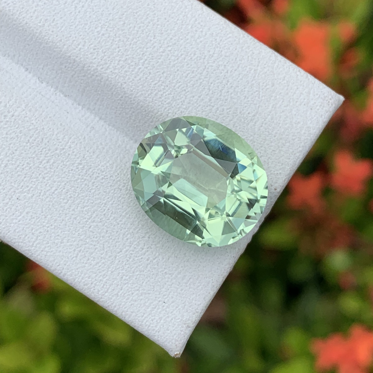 Une Tourmaline Verte de forme ovale · 7,3 ct de Bonnot Paris est présentée sur une surface blanche, sur fond flou de fleurs rouges et de feuillage vert.