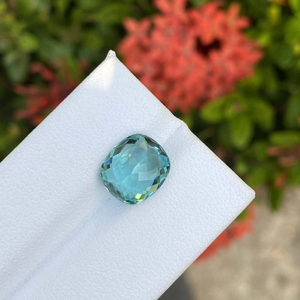 La Tourmaline Paraïba · 4,08ct de Bonnot Paris, une pierre précieuse bleue taille coussin, est présentée sur une surface blanche avec un fond flou de feuillage vert et de fleurs rouges.