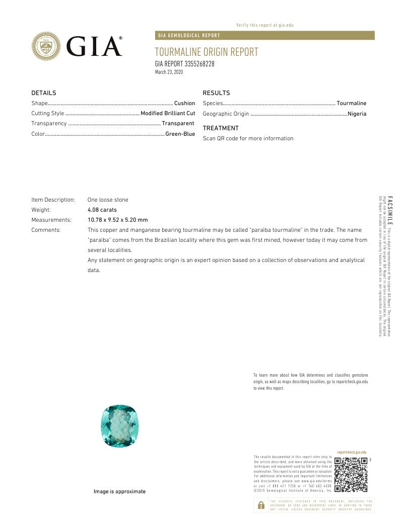 Rapport GIA Bonnot Paris pour la tourmaline paraïba de 4,08 ct, de forme coussin, taille brillant modifiée, transparente et non traitée, provenant du Mozambique. Code QR et texte standard inclus.
