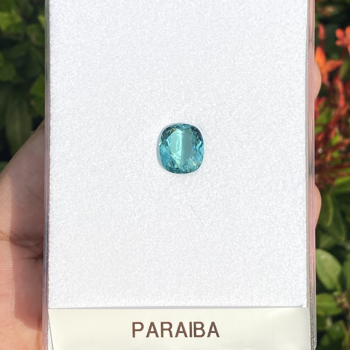 Quelqu'un tient une carte Bonnot Paris Tourmaline Paraïba · 4,08 ct comportant une petite pierre précieuse bleue transparente étiquetée « PARAIBA » devant un feuillage vert avec des fleurs orange.