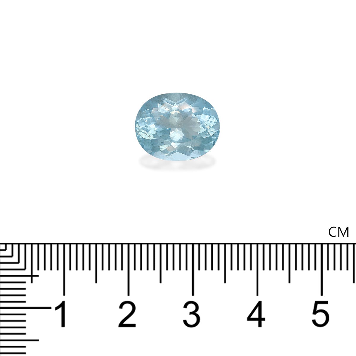 La Bonnot Paris Aigue-Marine (5,47 ct) est une pierre précieuse bleu clair de forme ovale sertie sur un fond blanc avec une règle centimétrique en dessous pour l'échelle, mettant en valeur ses exquises facettes visibles.