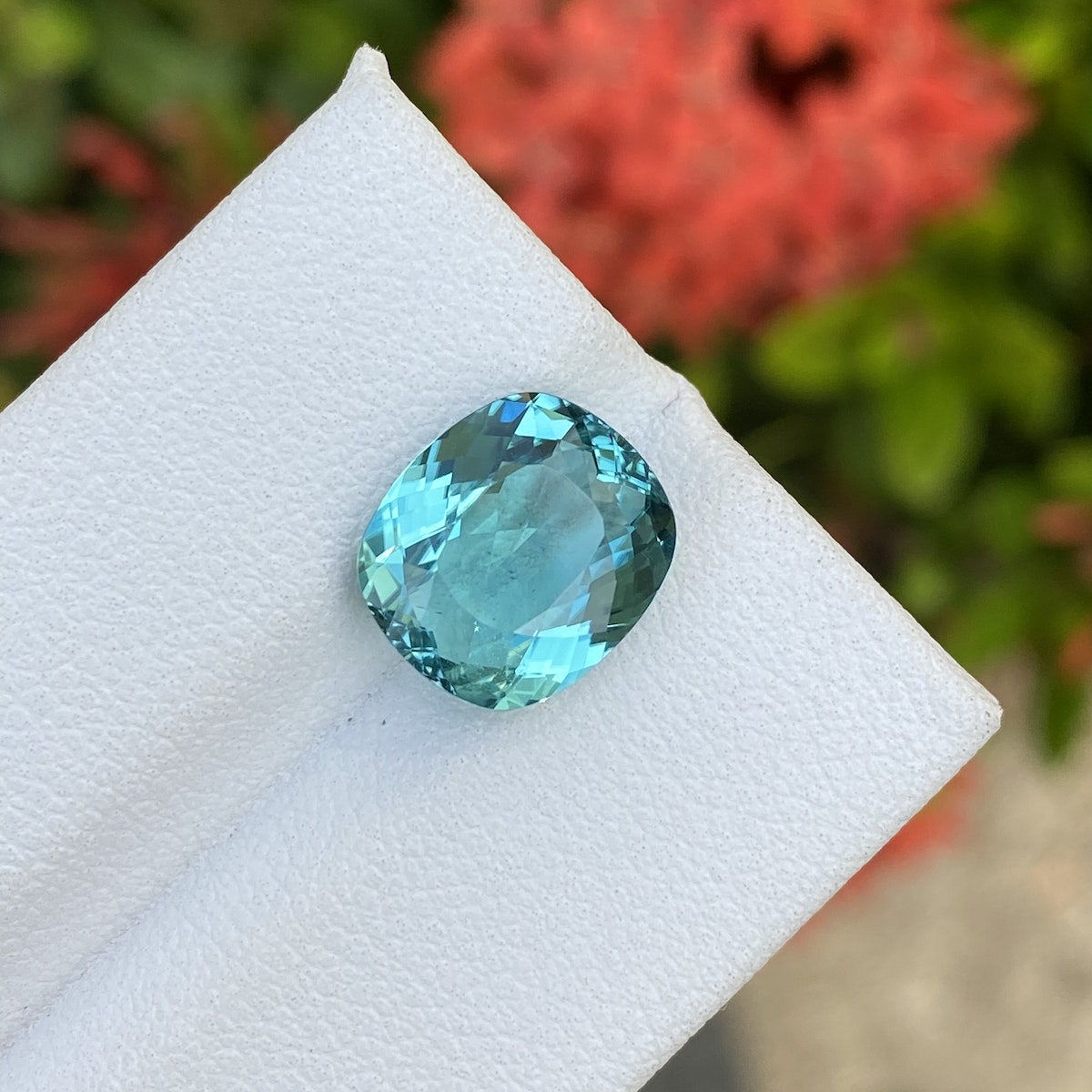 Une tourmaline paraïba bleue taille coussin de 4,08 carats signée Bonnot Paris repose sur un fond blanc texturé, ses facettes chatoyantes capturant la lumière. Sur ce fond flou se dessinent des fleurs d'un rouge éclatant et un feuillage vert luxuriant.