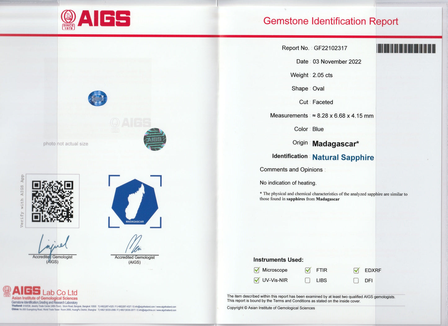 L'image présente un rapport d'identification de pierres précieuses Bonnot Paris de l'AIGS, daté du 3 novembre 2022, identifiant un saphir bleu naturel de Madagascar pesant 2,04 carats et de forme ovale avec des dimensions de 8,28 x 6,68 x 4,16 mm.