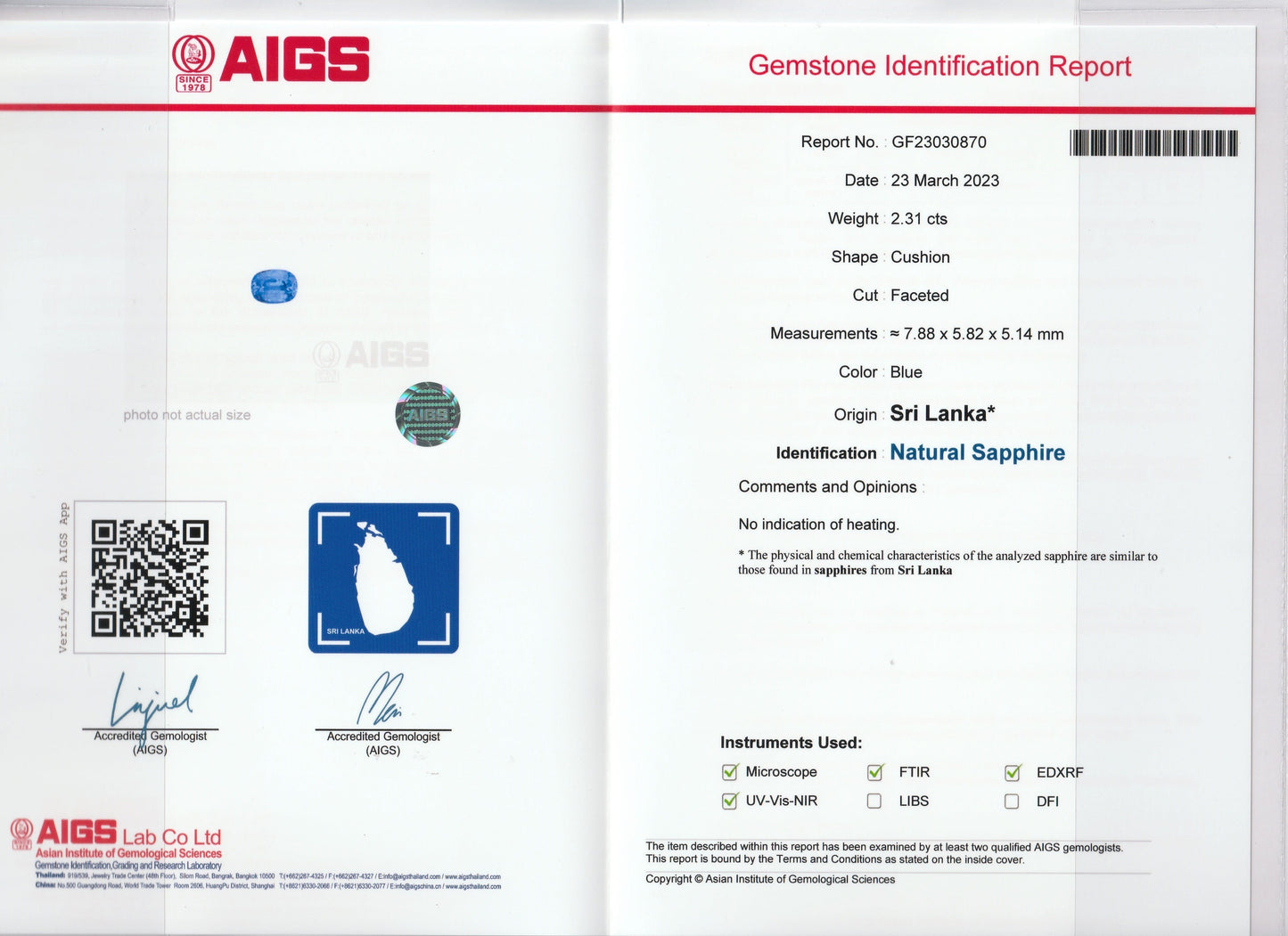 Le rapport d'identification de la pierre précieuse « Saphir Bleu · 2,3 ct » de Bonnot Paris détaille un saphir naturel de forme coussin provenant du Sri Lanka. Il comprend des photos, une carte du Sri Lanka, les résultats d'analyses de laboratoire et des signatures avec la marque « AIGS ».