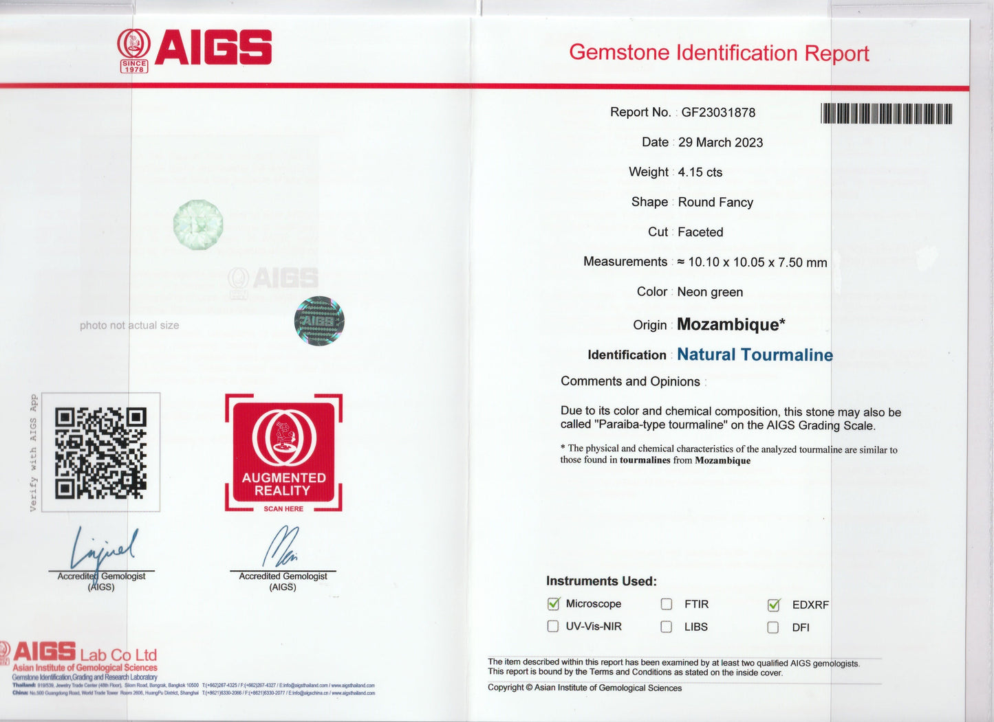 L'image montre un rapport d'identification de pierre précieuse par AIGS présentant une Tourmaline Paraïba Bonnot Paris, 4,15 carats vert néon, taille fantaisie ronde du Mozambique, avec des éléments de sécurité comme un hologramme et un code QR.
