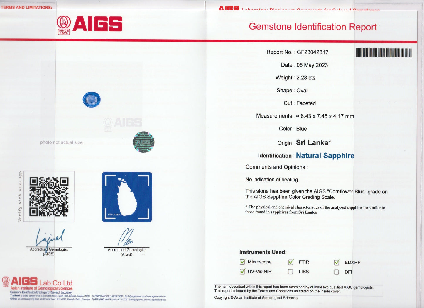 Un rapport AIGS de Bonnot Paris présente un saphir naturel de forme ovale Saphir Bleu, 2,27 ct, en provenance du Sri Lanka, avec des mesures détaillées, un classement de couleur « Bleuet » et diverses méthodes d'examen.
