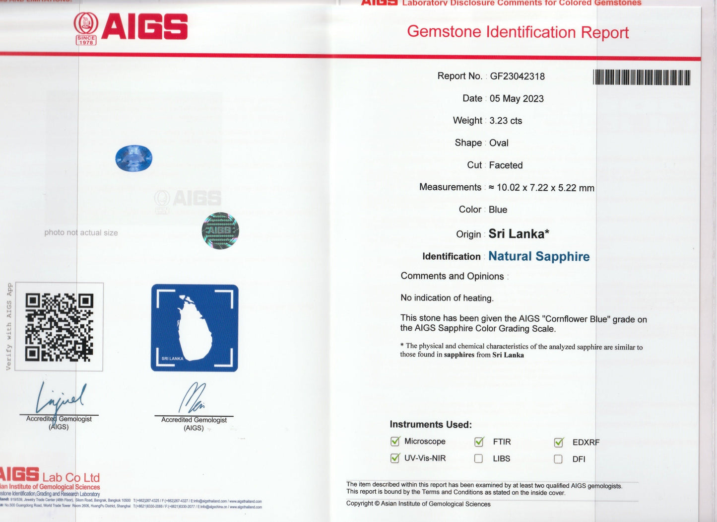 Le Saphir Bleu (3,22 ct) de Bonnot Paris possède un rapport d'identification de pierre précieuse (n° GF23042318) daté du 6 mai 2023, détaillant un saphir bleu ovale facetté du Sri Lanka, comportant un sceau d'authentification microscopique, un code QR et des signatures officielles.