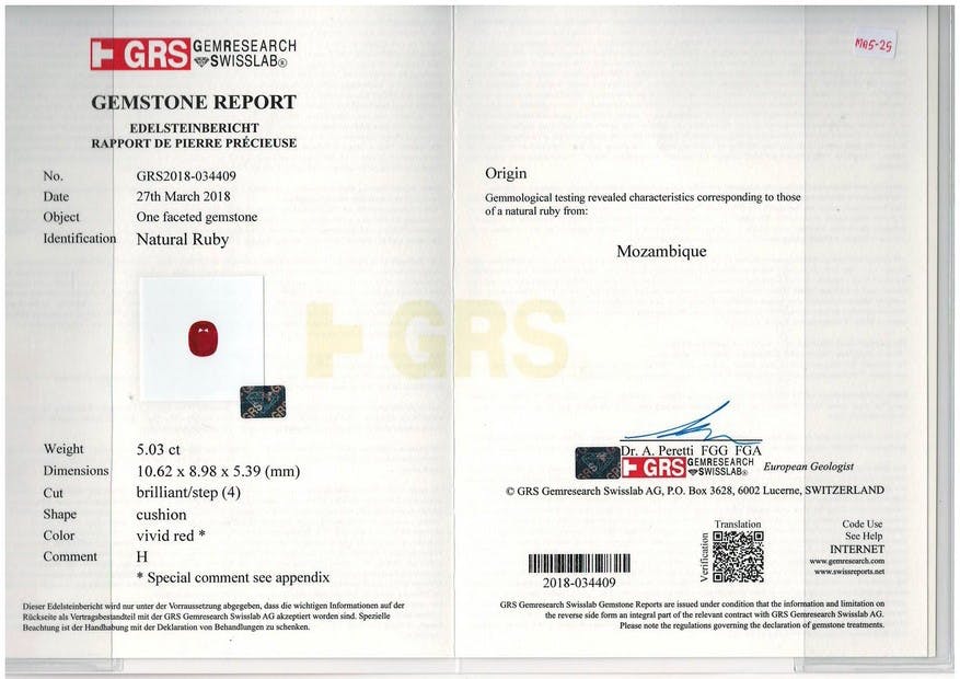 Bonnot Paris présente « Rubis du Mozambique · 5 ct », un rubis naturel certifié GRS. Détails : 5,03 ct, forme coussin, couleur rouge vif, origine mozambicaine. Images, dimensions et sceau GRS inclus.