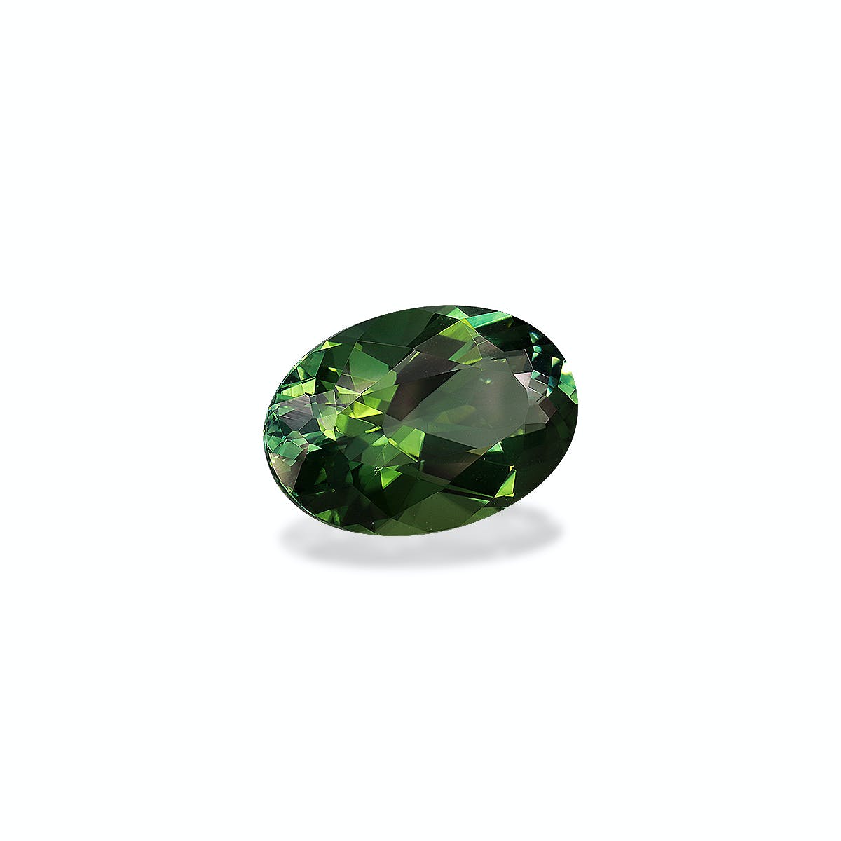 La Tourmaline Verte · 4,92ct de Bonnot Paris est une pierre précieuse verte ovale facettée aux teintes de vert foncé et clair qui reflète magnifiquement la lumière, sur un fond gris clair avec une ombre douce.