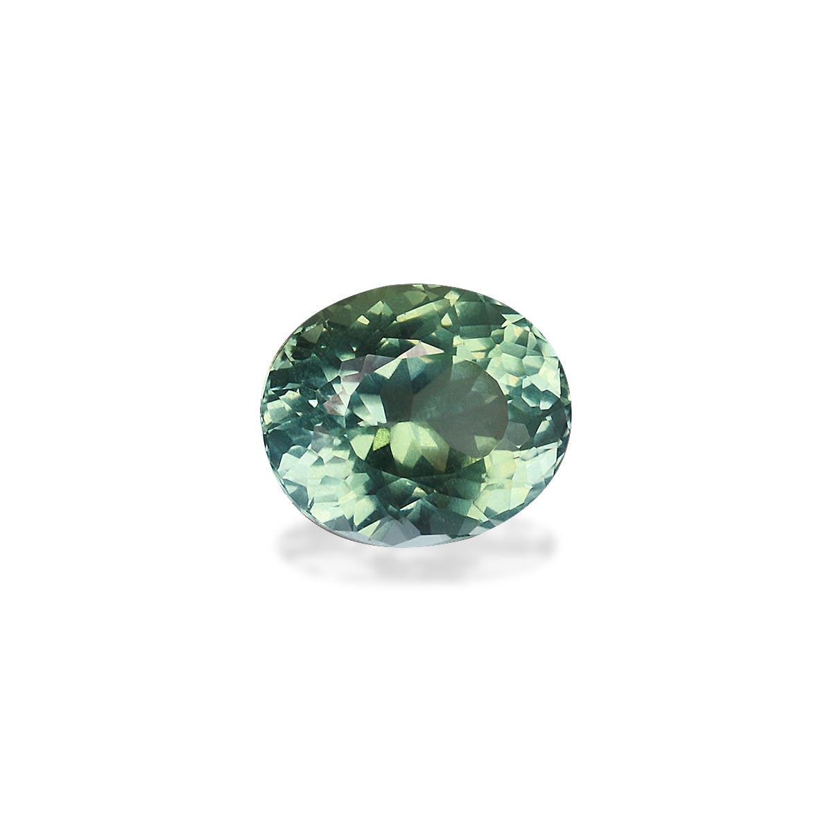 La tourmaline paraïba Bonnot Paris, de 1,22 ct et de forme ovale, en provenance du Mozambique, présente une surface facettée aux nuances vert clair et vert foncé éclatantes. Sur un fond blanc uni, elle projette une ombre subtile qui met en valeur son savoir-faire exquis et sa couleur captivante.