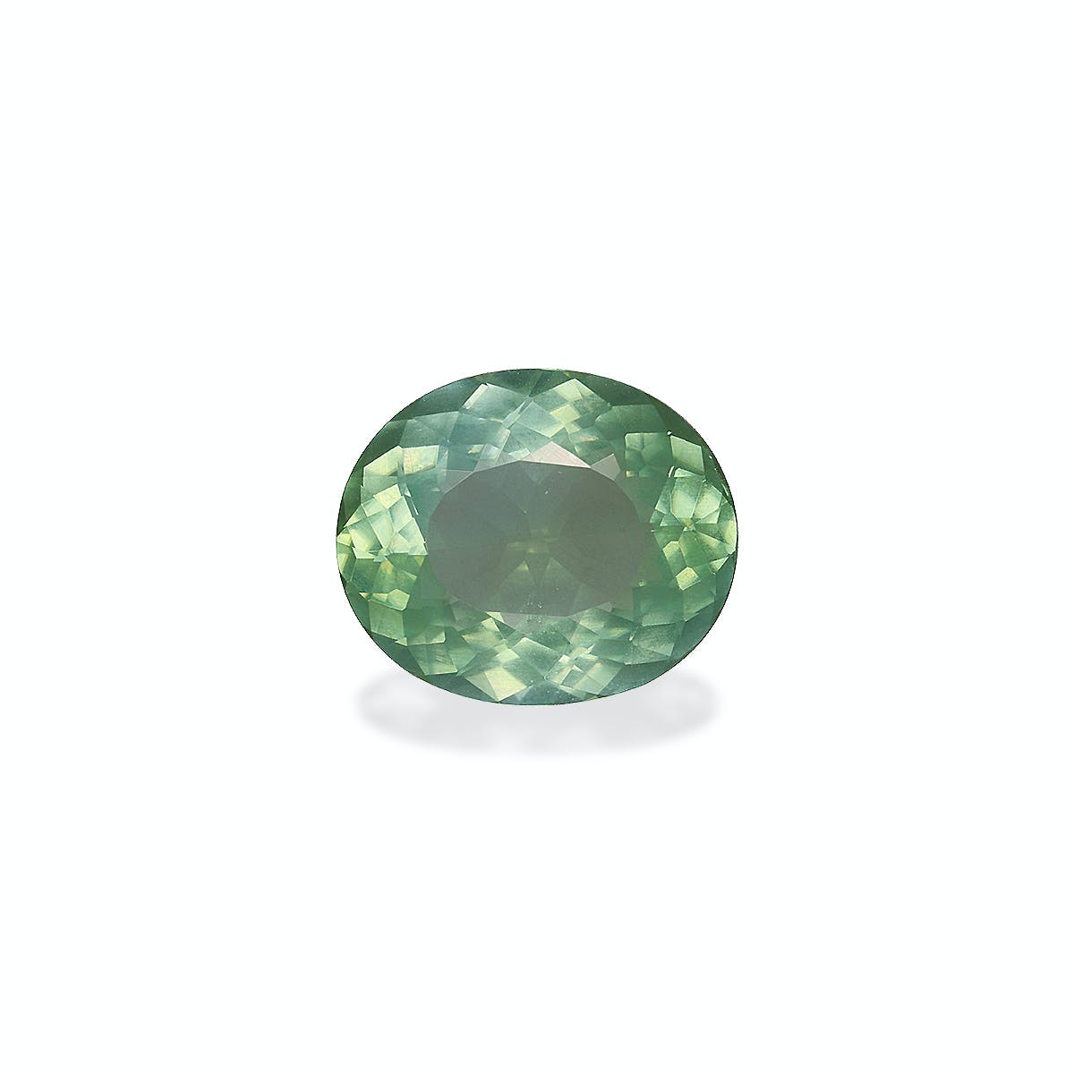 Bonnot Paris présente la Tourmaline Paraïba · 3,87ct, une pierre précieuse ronde et facettée aux tons verts qui reflètent la lumière dans des motifs complexes sur un simple fond blanc, améliorant sa clarté et ses variations de couleur.