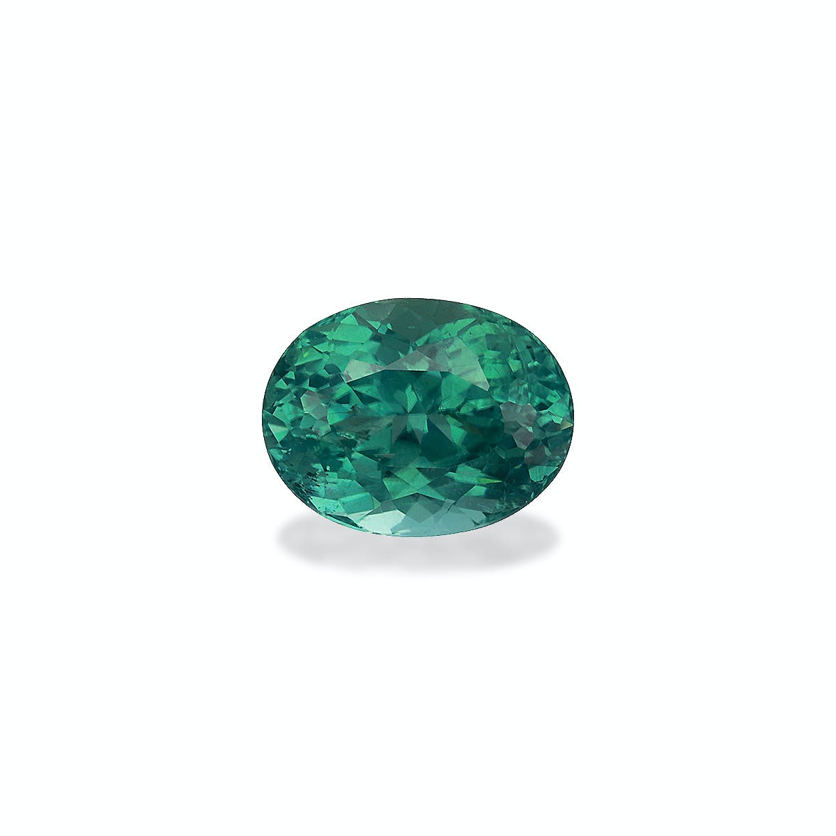 Une Tourmaline Paraïba verte taille ovale étincelante de 3,6 carats de Bonnot Paris est présentée sur un fond blanc uni.