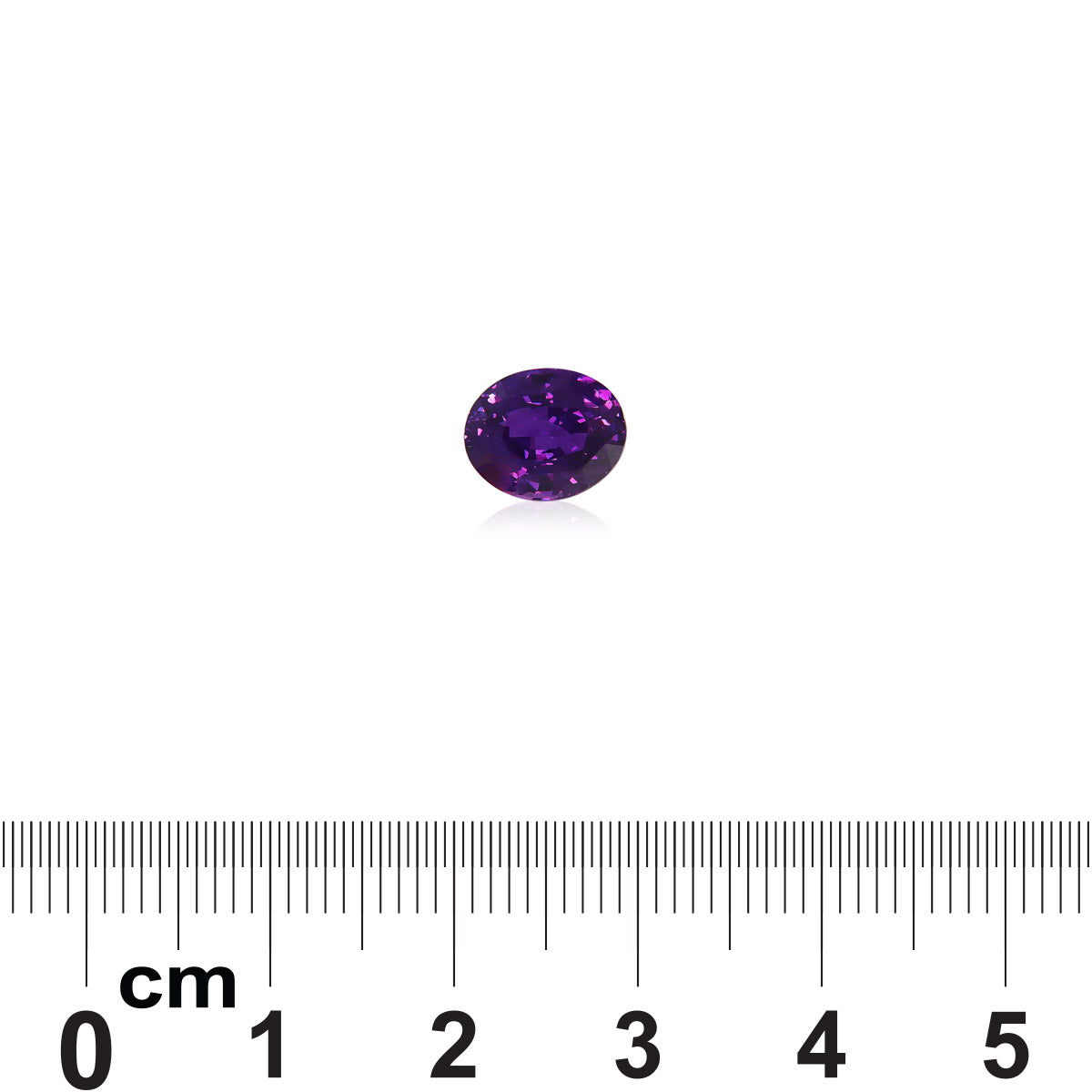 Un Saphir Violet · 2,61ct de Bonnot Paris est présenté sur un fond blanc à côté d'une échelle graduée de 0 à 5 cm, soulignant sa petite forme ovale et sa largeur d'environ 1 cm.