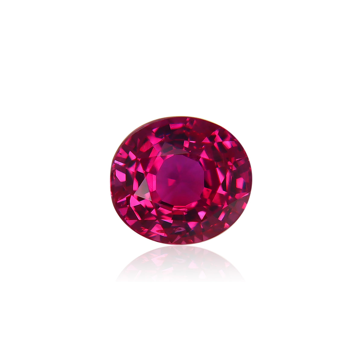Le Rubis de Birmanie · 1,68 ct de Bonnot Paris présente une gemme rouge taille ronde vibrante avec une surface lisse et réfléchissante sur un fond blanc uni, mettant en valeur sa couleur profonde et sa brillance.