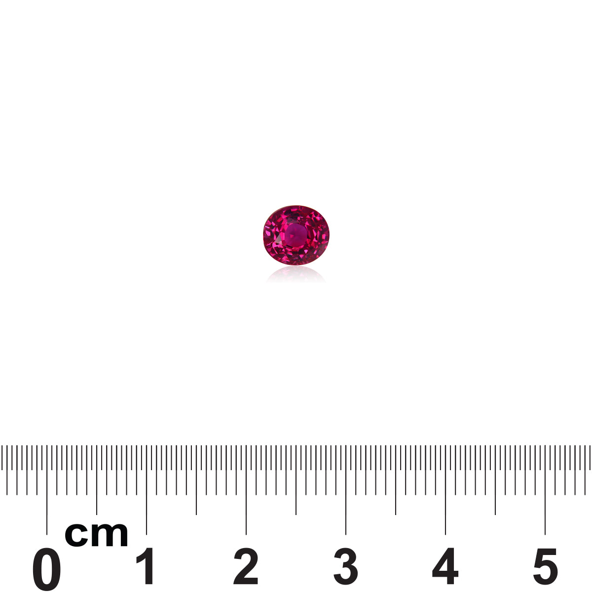 Une pierre précieuse ovale rose vibrante, étiquetée Rubis de Birmanie · 1,68 ct par Bonnot Paris, est présentée sur un fond blanc avec une règle graduée en centimètres en dessous soulignant sa taille compacte.