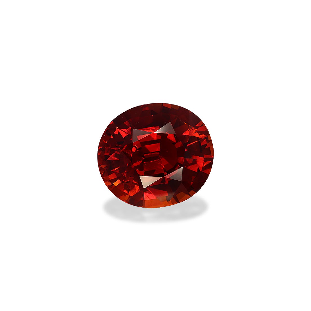 Le Grenat Spessartite · 6,15ct de Bonnot Paris, une pierre précieuse rouge facettée ronde à la couleur profonde et à la surface brillante, est centrée sur un fond blanc, reflétant la lumière.