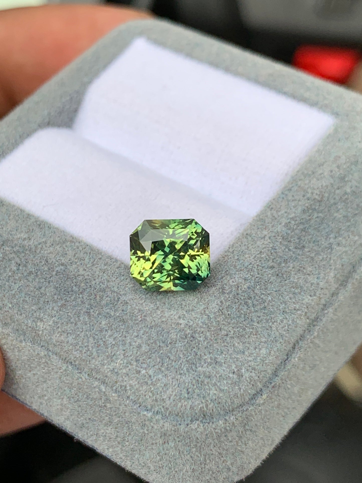 Présenté dans un écrin de velours gris, le Saphir Vert • 4,02 ct de Bonnot Paris, en provenance de Madagascar, éblouit par sa taille radieuse. Ses facettes reflètent magnifiquement la lumière, affichant une palette de nuances vertes, du clair au foncé, qui soulignent sa clarté et la finesse de son savoir-faire.