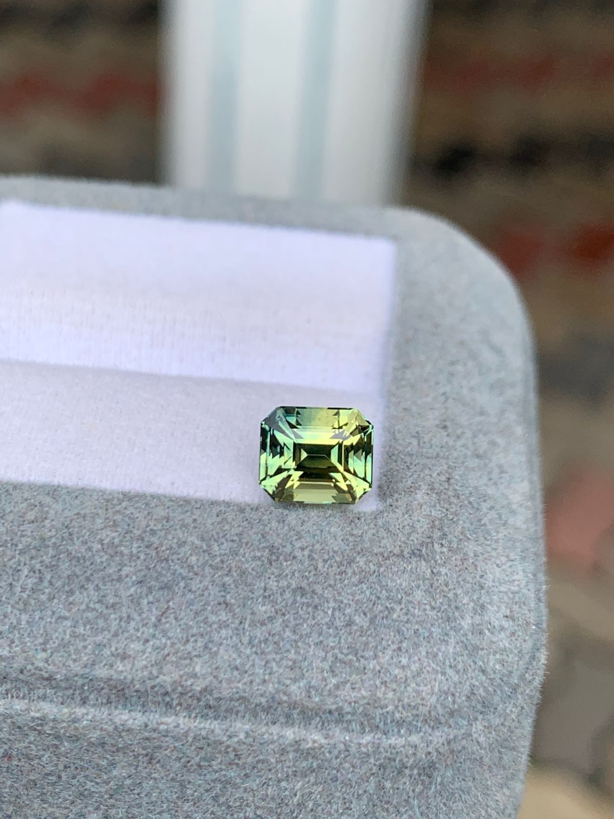 Le Saphir bicolore, une pierre précieuse de 2,00 carats de Bonnot Paris, affiche une teinte vert clair avec des nuances vertes variées alors qu'il scintille au sommet d'une boîte à bijoux grise en velours de Madagascar.