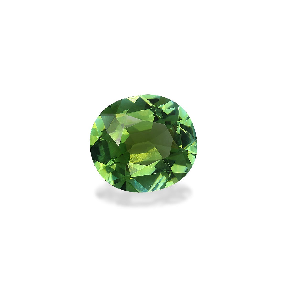 Sur un fond blanc uni, la Tourmaline Verte Bonnot Paris · 4,1ct affiche sa forme ronde facettée et sa finition brillante, révélant des reflets internes complexes et une gamme de teintes vertes allant du clair au foncé.
