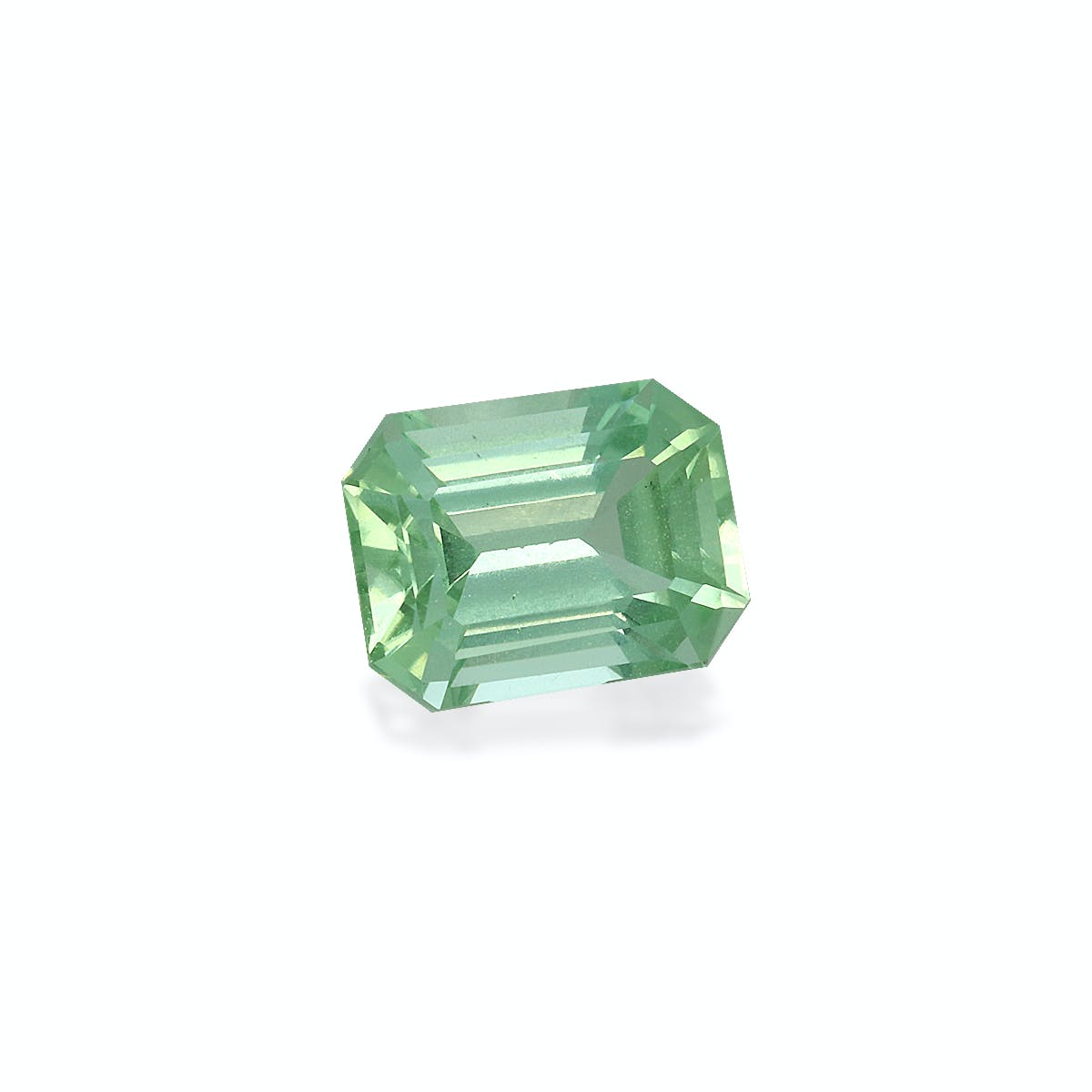 La Tourmaline Verte de 2,43 ct de Bonnot Paris est une pierre précieuse verte rectangulaire facettée sur un fond blanc uni, mettant en valeur sa surface transparente et brillante avec clarté et lumière se reflétant sur ses bords.