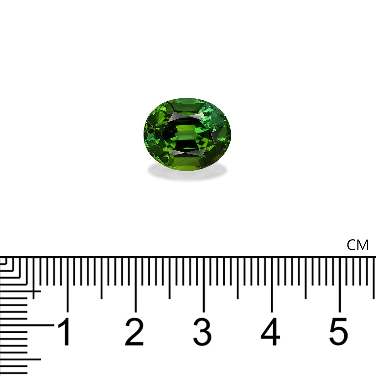 Une tourmaline verte de 7,65 carats de Bonnot Paris, ovale et facettée, repose sur une surface blanche. Sa fascinante teinte verte scintille au centre, au-dessus d'une règle graduée en centimètres, accentuant sa taille.