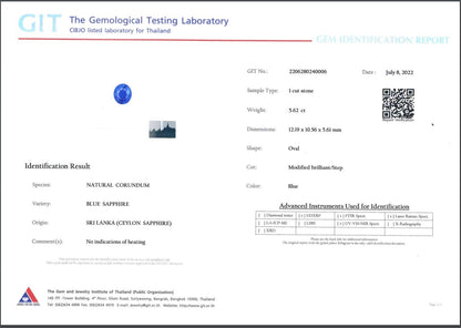 Un certificat de Bonnot Paris pour le Saphir Bleu · 5,62 ct l'identifie comme un saphir bleu naturel du Sri Lanka, détaillant son poids, ses dimensions, sa forme et les instruments de test utilisés. Il comprend un code QR et les logos officiels.