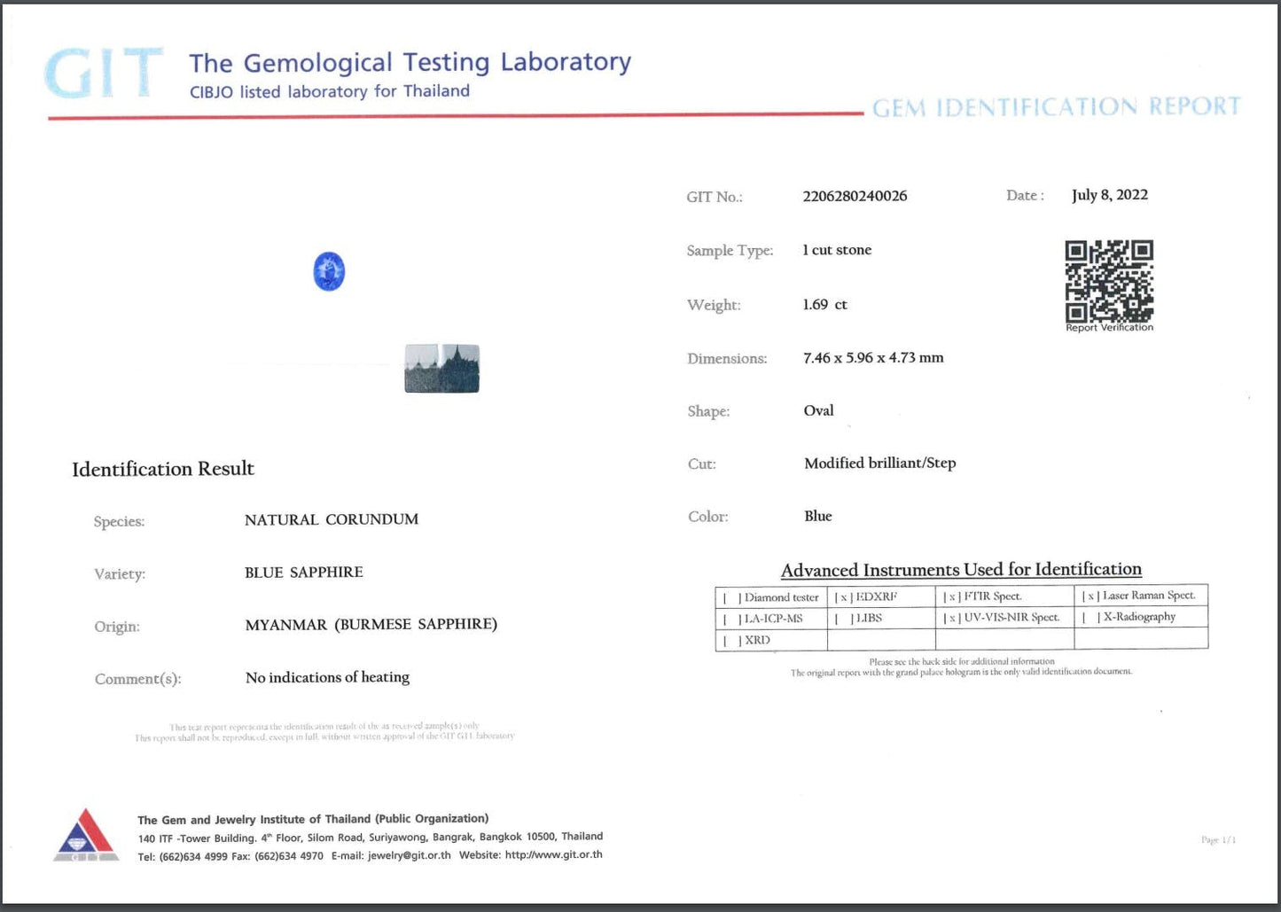 Certificat du Laboratoire de Tests Gemologiques pour le Saphir Bleu · 1,69 ct de Bonnot Paris : poids 1,69 ct, taille 7,46 x 5,96 x 4,73 mm, origine Myanmar, pas de chauffage, daté du 8 juillet 2022 ; comprend le code QR, le logo de l'entreprise et les signatures.