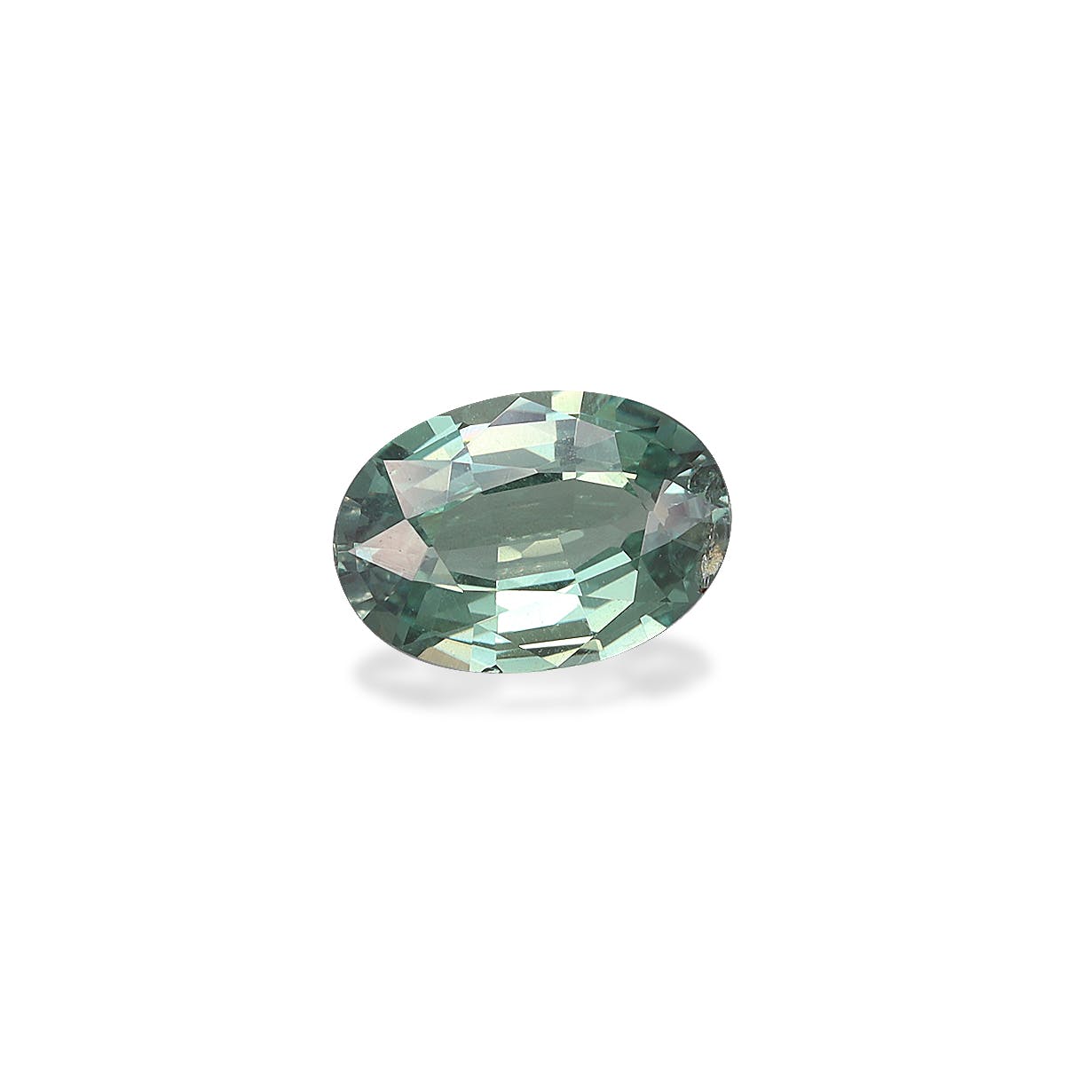 Une pierre précieuse Alexandrite ovale de Bonnot Paris, pesant 0,89 ct, présente une teinte bleu-vert clair facettée, reflétant magnifiquement la lumière sur un fond blanc uni où elle projette une ombre délicate.
