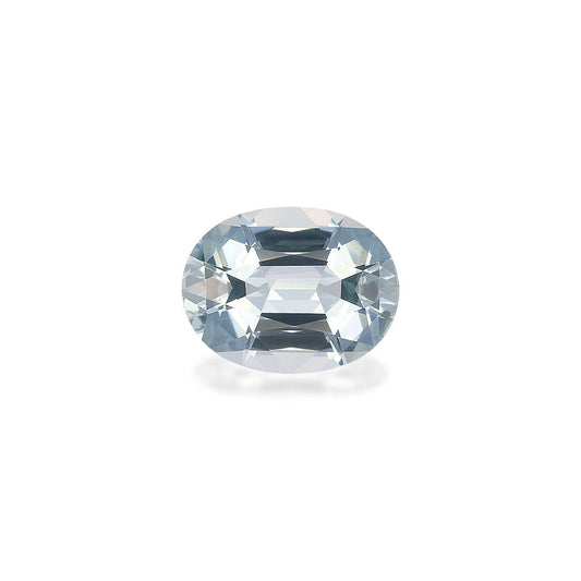 La Bonnot Paris Aigue-Marine · 5,32 ct présente une pierre facettée de forme ovale sertie sur un fond blanc, reflétant la lumière avec un effet chatoyant.