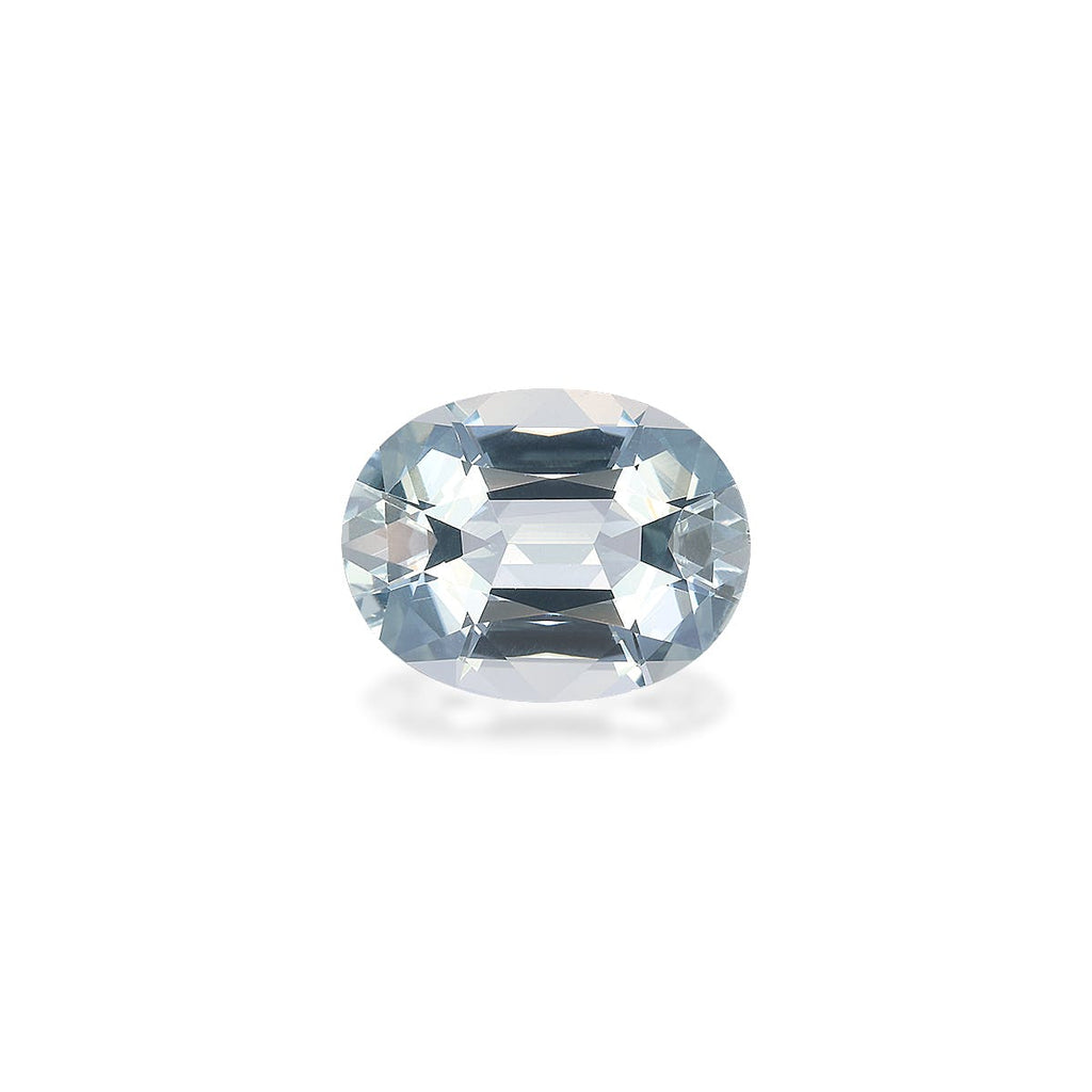 La Bonnot Paris Aigue-Marine · 5,32 ct présente une pierre facettée de forme ovale sertie sur un fond blanc, reflétant la lumière avec un effet chatoyant.
