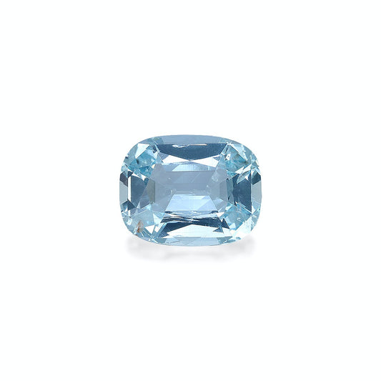 L'Aigue-Marine · 4,16 ct de Bonnot Paris est une pierre précieuse aigue-marine taille coussin d'une élégance romantique avec une couleur bleu clair et des facettes réfléchissantes, sertie sur un fond blanc uni.