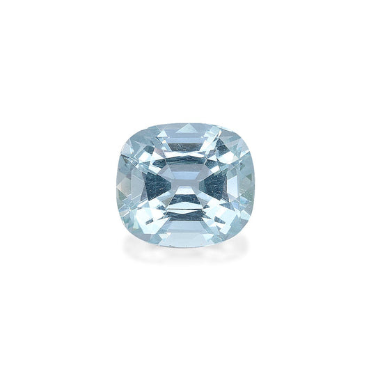 La pierre précieuse Aigue-Marine Bonnot Paris de 4,61 ct est une taille coussin bleu pâle étincelante qui dégage une allure romantique et reflète magnifiquement la lumière. Elle est isolée sur un fond blanc uni.