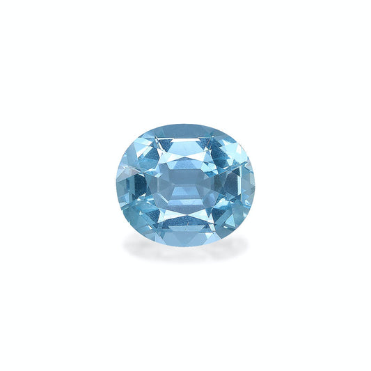 Une pierre précieuse d'aigue-marine taille coussin de 4,57 ct de Bonnot Paris est présentée sur un fond blanc uni, mettant en valeur ses facettes scintillantes et son ton bleu clair clair.