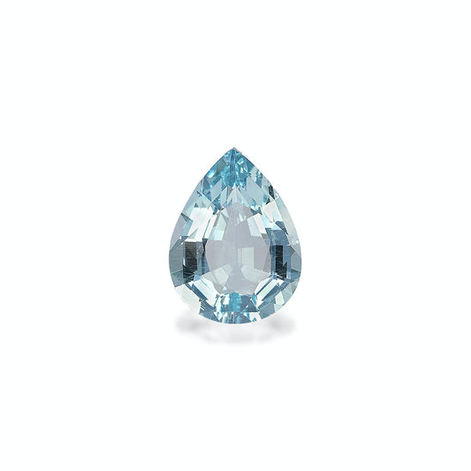 L'Aigue-Marine · 7,38 ct de Bonnot Paris présente une superbe pierre précieuse facettée en forme de poire avec une teinte bleu clair, élégamment sertie sur un simple fond blanc.
