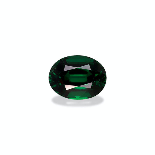 Une tourmaline chrome ovale vert foncé de 1,63 carat, signée Bonnot Paris, présentée sur un fond blanc uni avec une ombre douce. Sa surface facettée symétrique reflète la lumière sur ses bords polis.