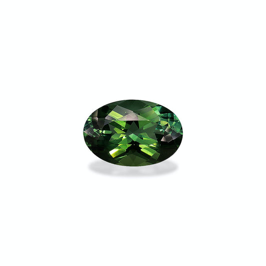 La Tourmaline Verte · 4,92 ct de Bonnot Paris présente une pierre précieuse verte de taille ovale avec des facettes complexes qui reflètent magnifiquement la lumière, le tout sur un fond blanc.