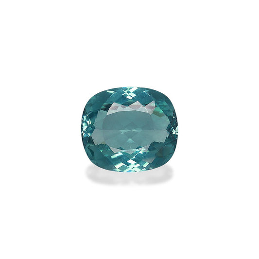 La Tourmaline Paraïba Bonnot Paris (4,08 ct) présente une pierre précieuse bleu-vert taille coussin avec une surface facettée, magnifiquement mise en valeur sur un fond blanc uni.