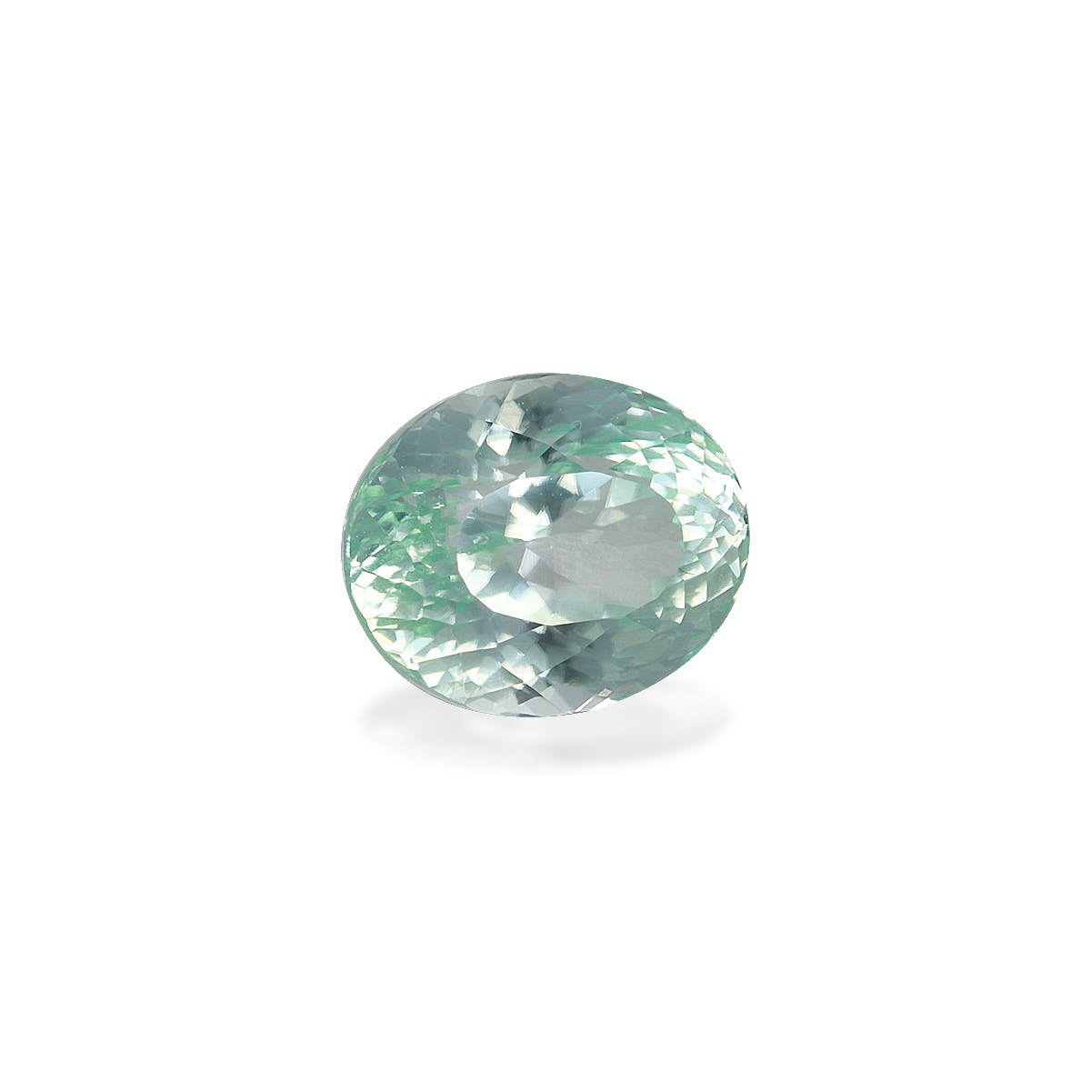 Une Tourmaline Paraïba de 3,5 carats, signée Bonnot Paris, scintille avec sa taille ovale et ses facettes complexes, projetant un scintillement brillant sur un fond blanc.