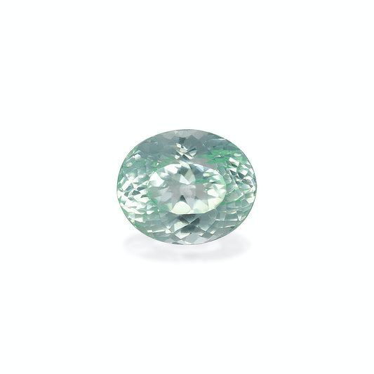 La Tourmaline Paraïba Bonnot Paris, 3,5 carats, est une pierre précieuse ronde, facettée, de couleur vert clair, reflétant la lumière sur un fond blanc uni.