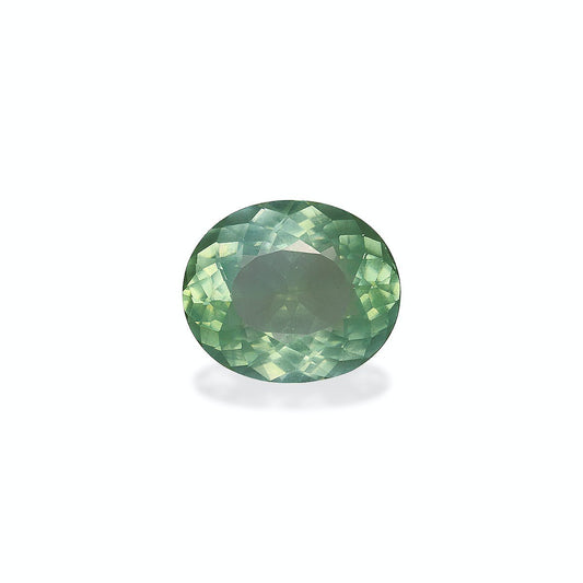 Bonnot Paris présente la Tourmaline Paraïba · 3,87ct, une pierre précieuse ronde et facettée aux tons verts qui reflètent la lumière dans des motifs complexes sur un simple fond blanc, améliorant sa clarté et ses variations de couleur.