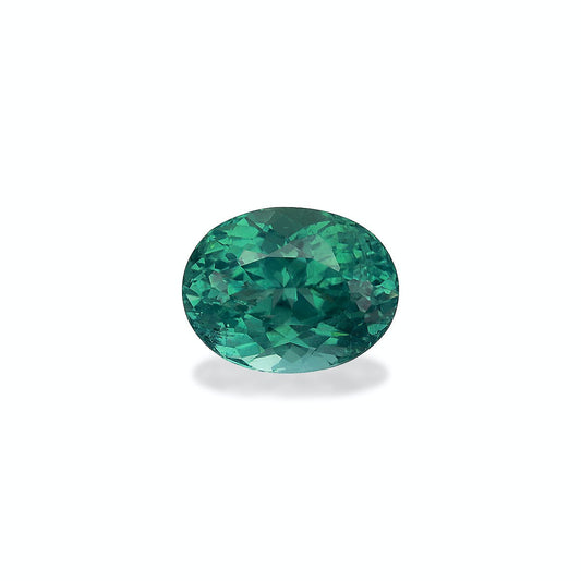 Une Tourmaline Paraïba verte taille ovale étincelante de 3,6 carats de Bonnot Paris est présentée sur un fond blanc uni.