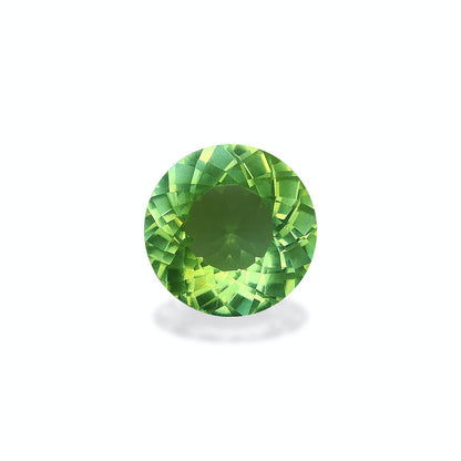 La Tourmaline Paraïba Bonnot Paris · 7,2 ct, une pierre précieuse verte ronde et facettée aux motifs complexes, est présentée sur un fond blanc uni, projetant une légère ombre en dessous.