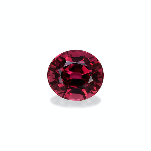 La Tourmaline Rose · 6,18 ct de Bonnot Paris, une pierre précieuse rouge à facettes rondes, est présentée sur un fond gris clair avec des teintes pourpres profondes et des facettes chatoyantes formant un motif élégant et symétrique.