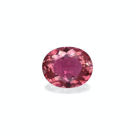 La Tourmaline Rose · 4,88 ct de Bonnot Paris présente une pierre précieuse rose rougeâtre à facettes, de taille ovale, présentée sur un fond blanc uni, mettant en valeur ses facettes complexes et sa couleur vibrante.