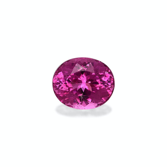 La Tourmaline Rubellite taille ovale de 4,35 ct de Bonnot Paris scintille tandis que ses facettes roses vibrantes reflètent la lumière sur un fond blanc uni.