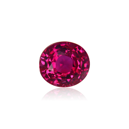 Le Rubis de Birmanie · 1,68 ct de Bonnot Paris présente une gemme rouge taille ronde vibrante avec une surface lisse et réfléchissante sur un fond blanc uni, mettant en valeur sa couleur profonde et sa brillance.