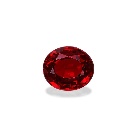 Le Spinelle Rouge poli de 1,25 ct de Bonnot Paris, une pierre précieuse rouge ovale, scintille de reflets sur un fond blanc uni. Ses facettes et sa couleur rouge profond créent une ombre subtile en dessous, accentuant son aspect tridimensionnel.